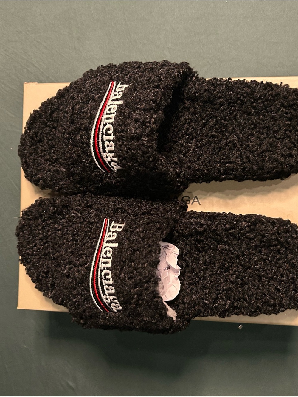 Balenciaga Black Shearling Slide Sandals with Signature Stripe